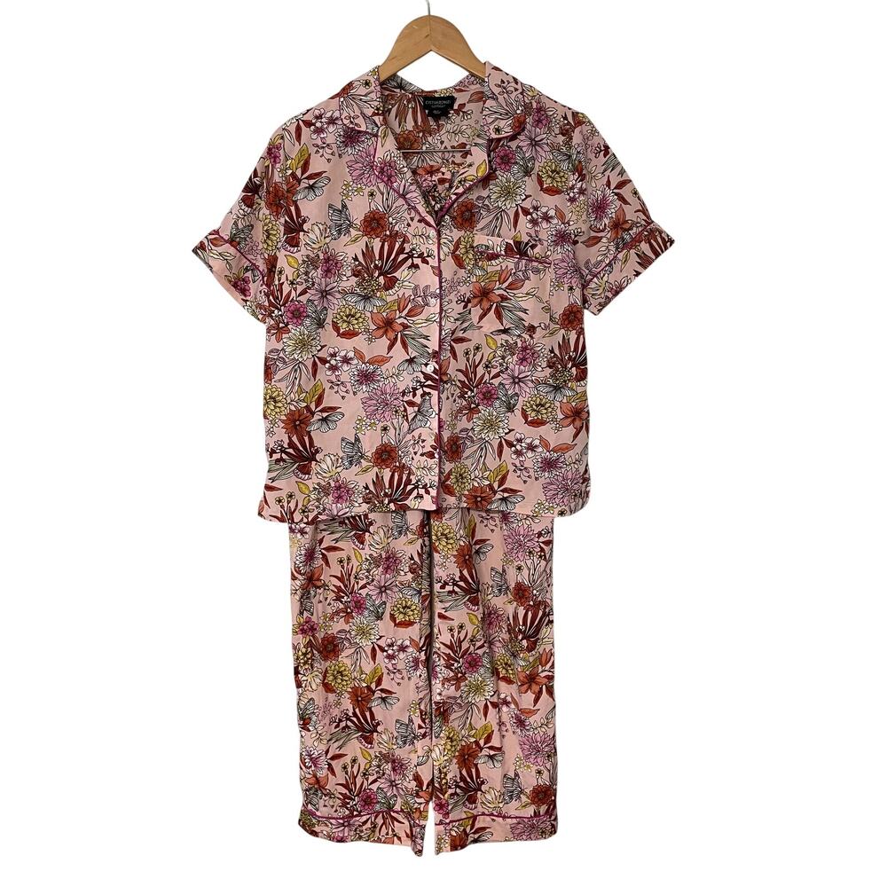 Cynthia Rowley Pajama Set S Pink Floral Short Sleeve Long Pants Cottagecore
